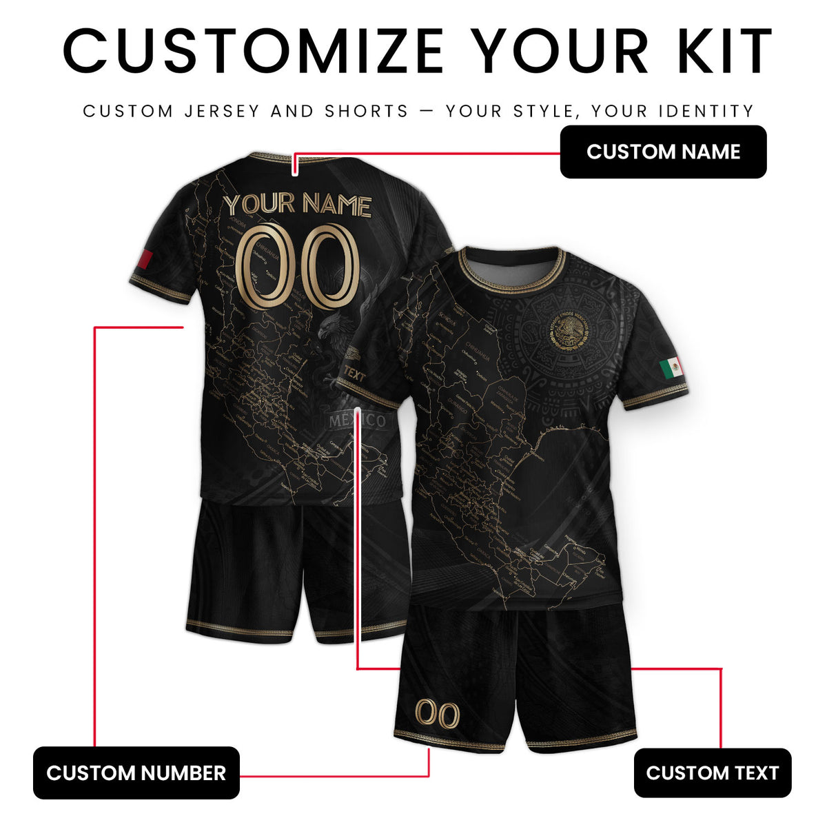 Camiseta de fútbol personalizada de México para niños, diseño de mapa patrimonial en negro y dorado