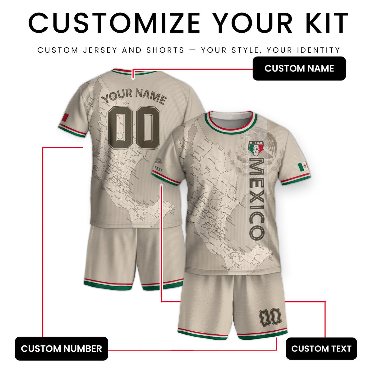 Camiseta de fútbol infantil de México personalizada con diseño de mapa patrimonial beige