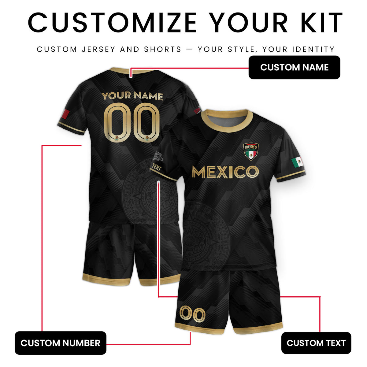 Camiseta de fútbol personalizada de México para niños, diseño clásico negro y dorado