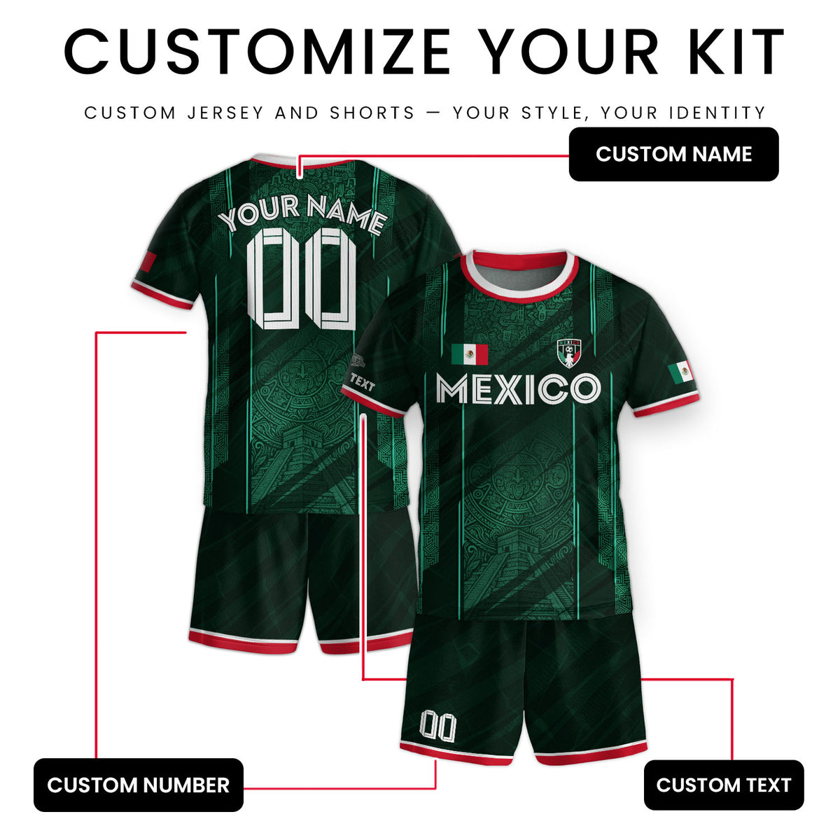 Camiseta de fútbol de México para niños personalizada, diseño de calendario azteca verde
