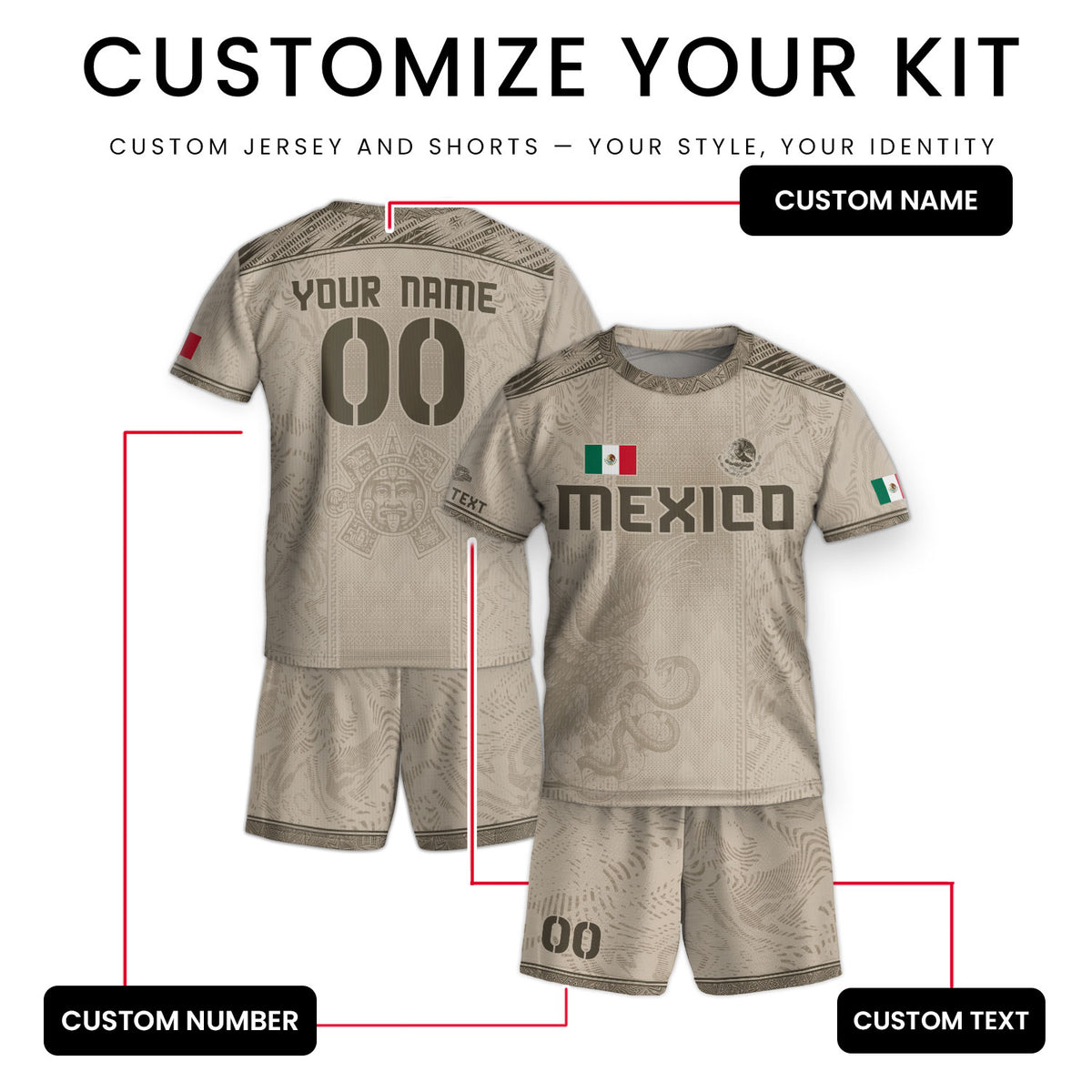 Camiseta de fútbol de México para niños personalizada con diseño de águila azteca beige
