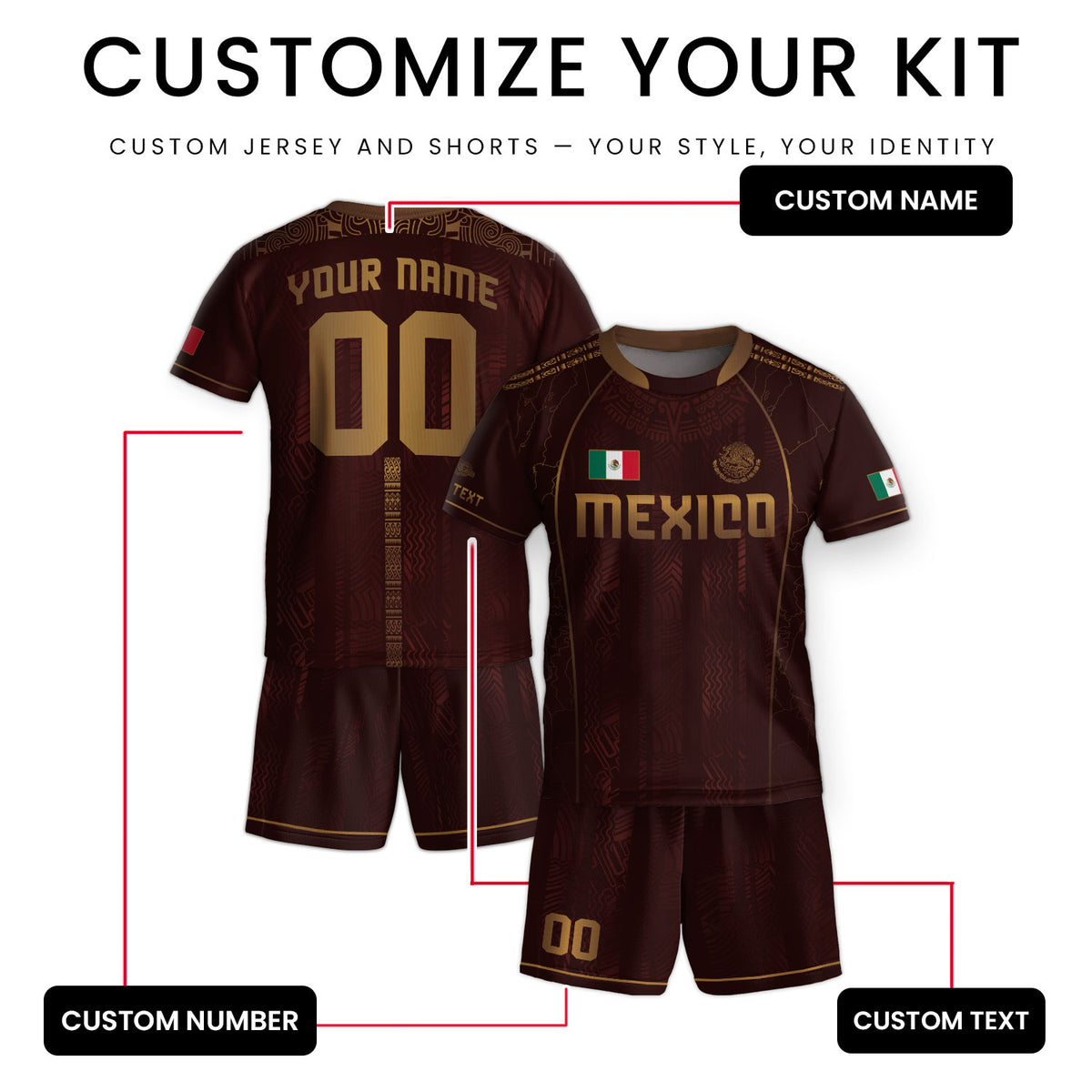 Camiseta de fútbol de México para niños personalizada, diseño de herencia azteca granate