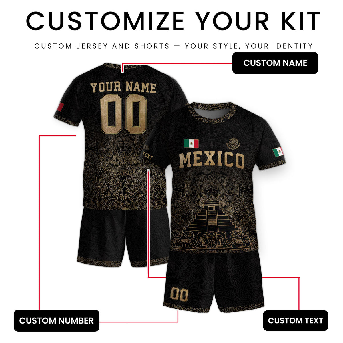 Camiseta de fútbol de México para niños personalizada, diseño de templo azteca negro y dorado
