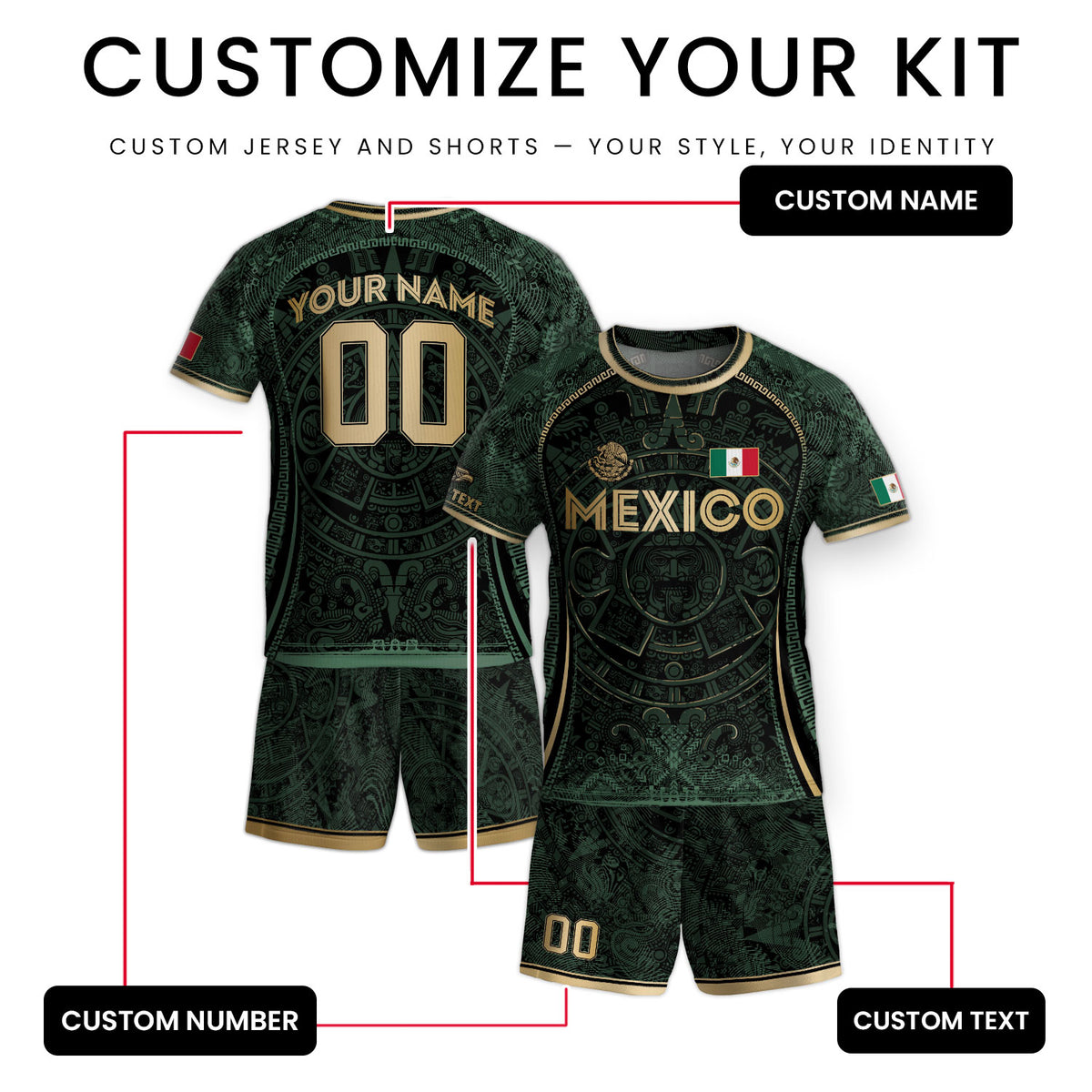 Camiseta de fútbol de México para niños personalizada, diseño de calendario azteca, verde oscuro y dorado