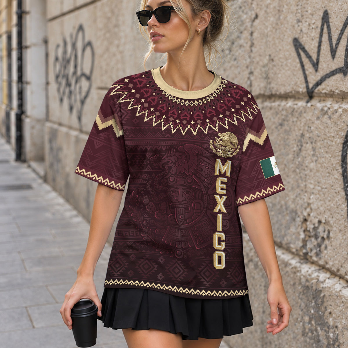 Mexico Heritage Soccer Jersey, Maroon Burgundy Gold Aztec Eagle Design Sports Jersey for Men