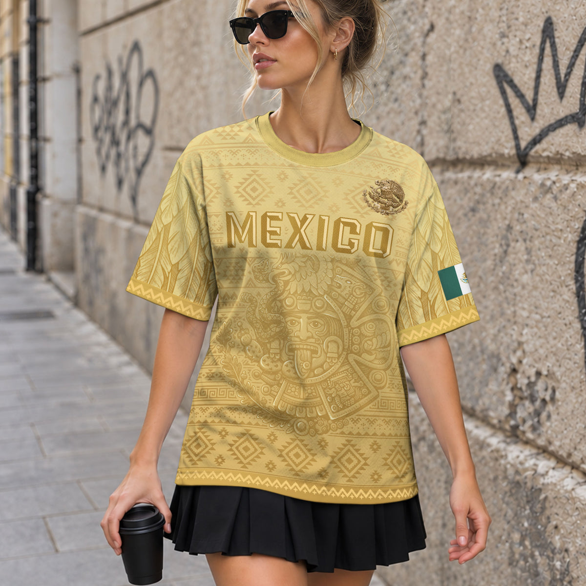 Mexico Heritage Soccer Jersey, Yellow Gold Aztec Calendar Design Sports Jersey for Men