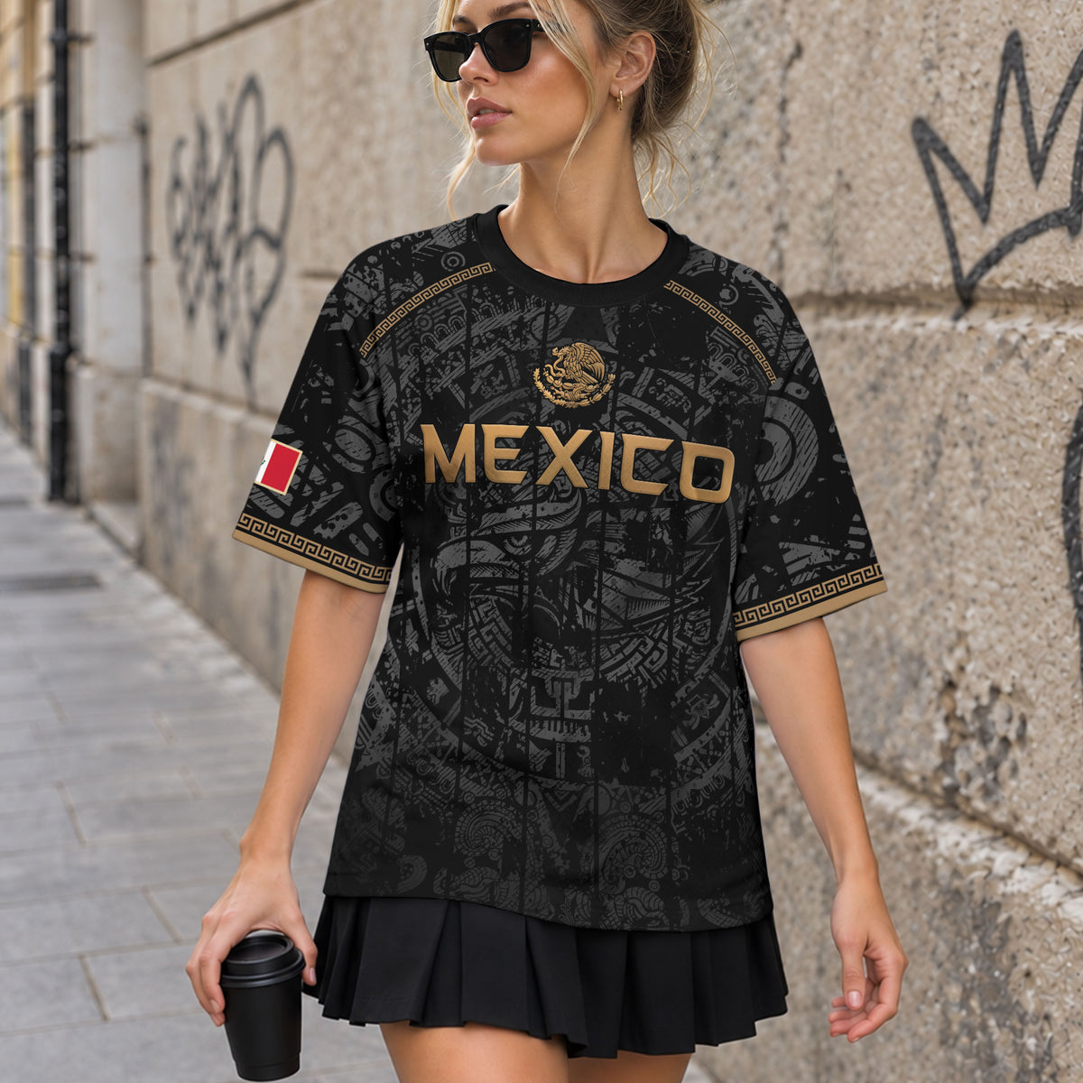 Mexico Soccer Jersey Black Eagle Crest - Aztec Sun Stone Heritage Fan Football Shirt