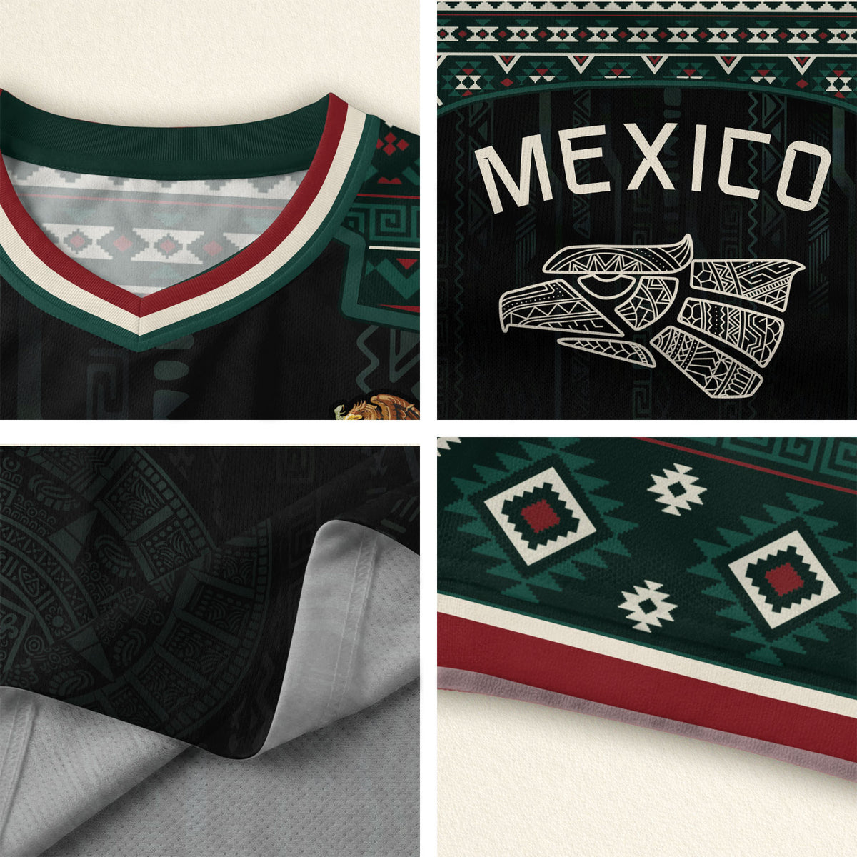 Mexico Soccer Jersey Black Edition V Neck Unisex Shirt Aztec Patterned Football Top