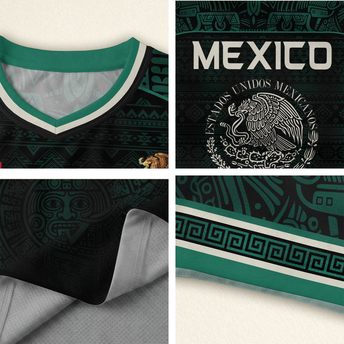 Mexico Soccer Jersey Dark Green V Neck Unisex Shirt Aztec Calendar Graphic Football Top