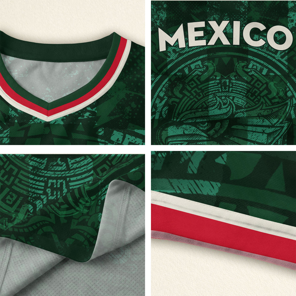 Mexico Soccer Jersey V Neck Unisex Green Shirt Aztec Warrior Eagle Pattern Football Apparel