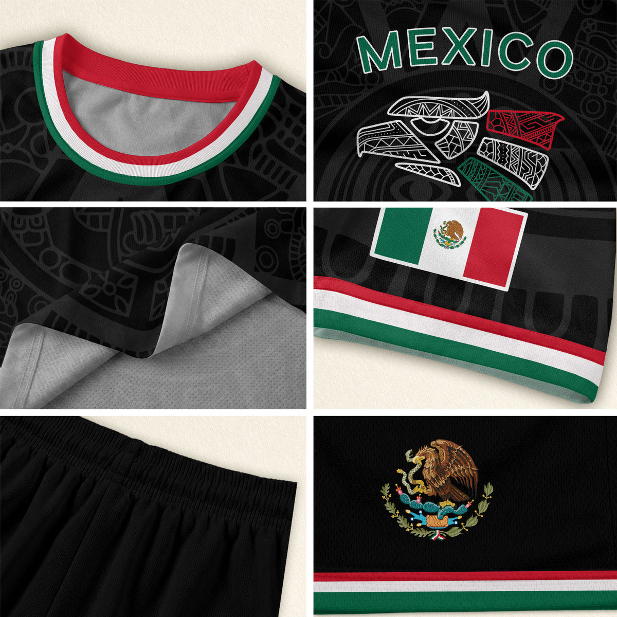 Soccer Jersey Mexico Black Aztec Pattern with Tricolor Accents
