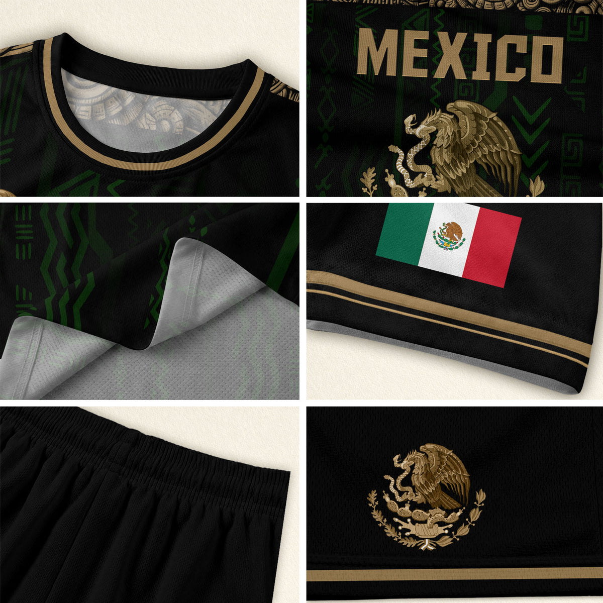 Camiseta de fútbol de México con diseño azteca negro y dorado