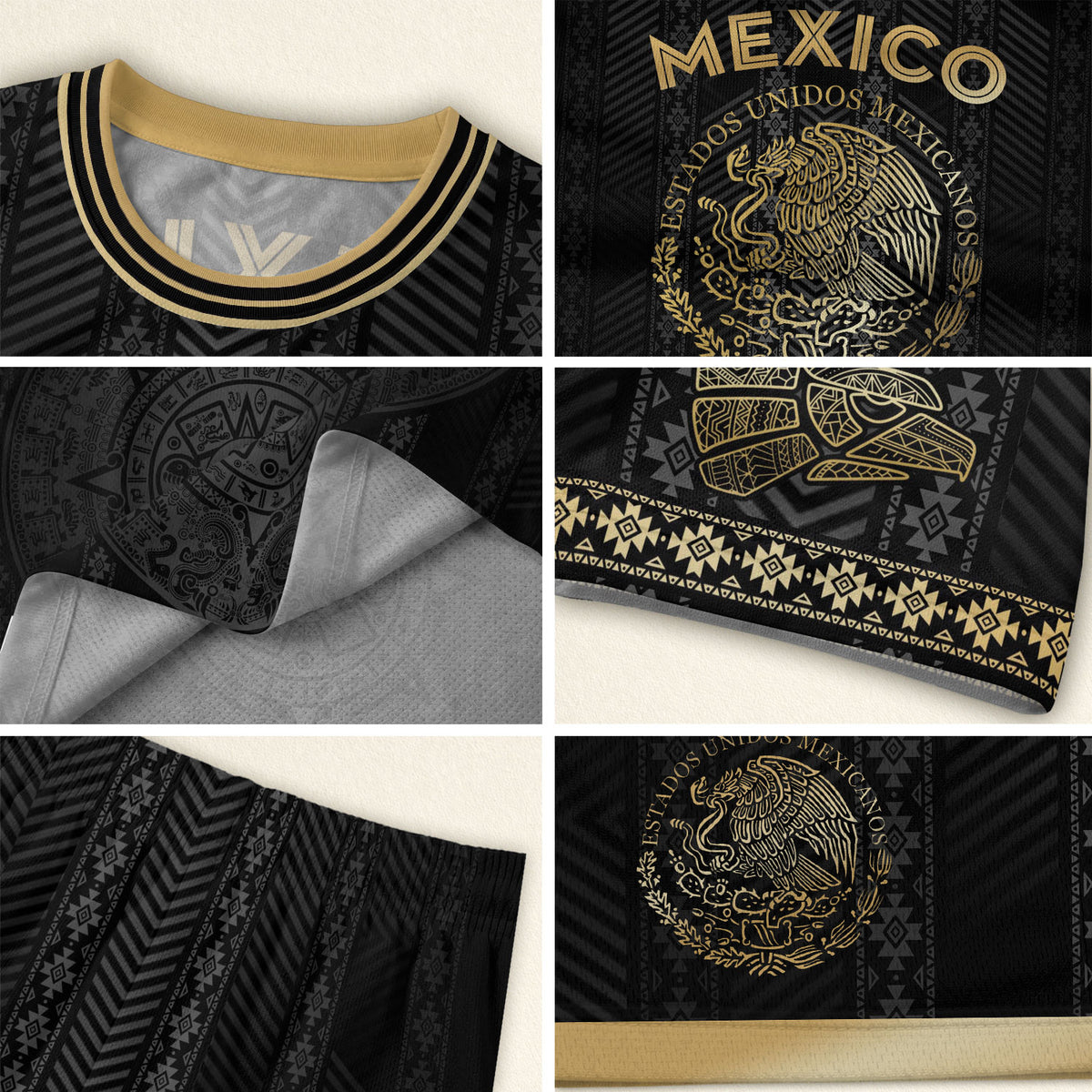 Camiseta de fútbol de México con diseño de calendario azteca, color negro y dorado