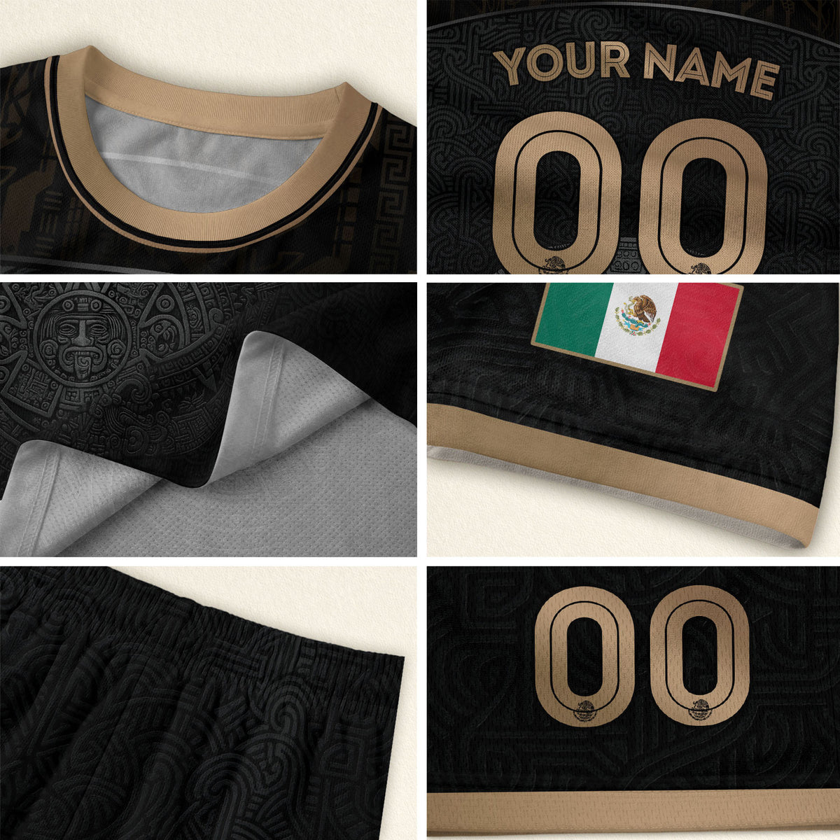 Camiseta de fútbol personalizada de México, edición dorada, calendario azteca negro