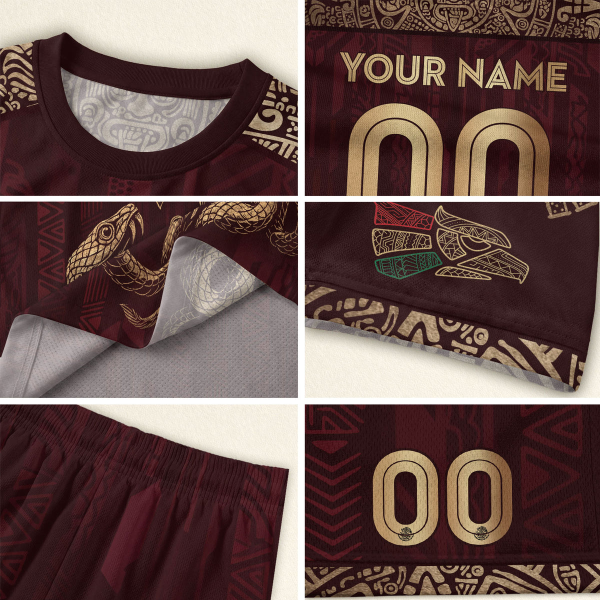 Camiseta de fútbol personalizada de México, color burdeos, águila y serpiente dorada