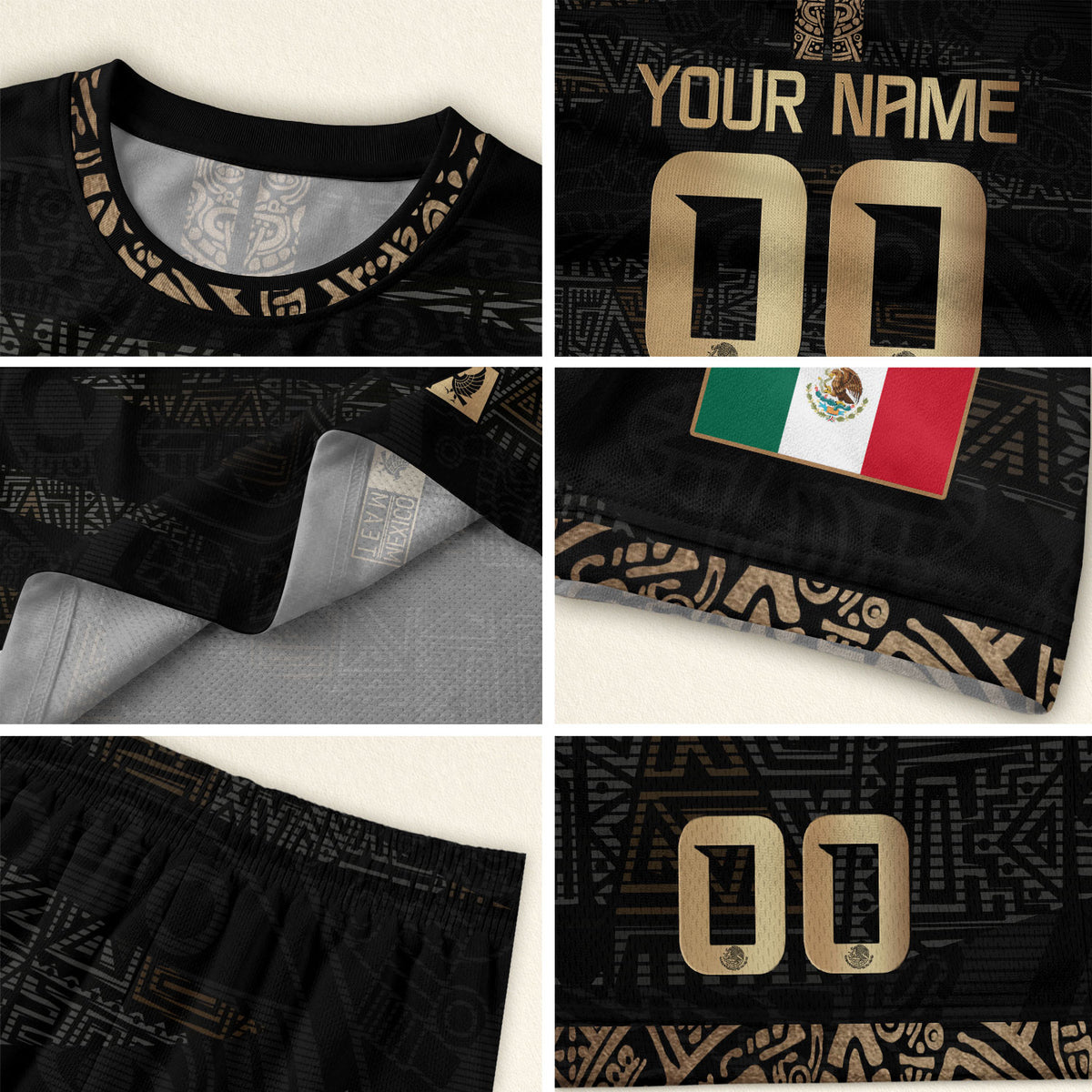 Custom Mexico Soccer Jersey Black Gold Aztec Design