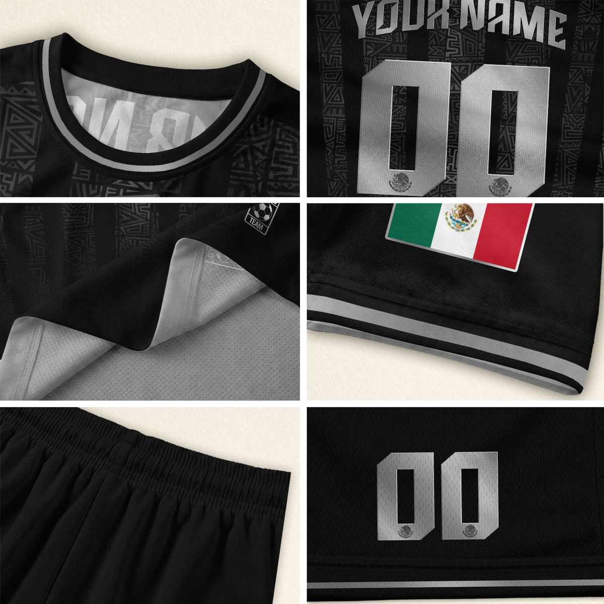 Custom Mexico Black Silver Aztec Pattern Soccer Jersey