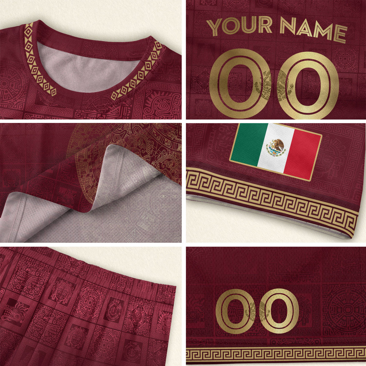 Camiseta de fútbol personalizada del calendario azteca dorado granate de México