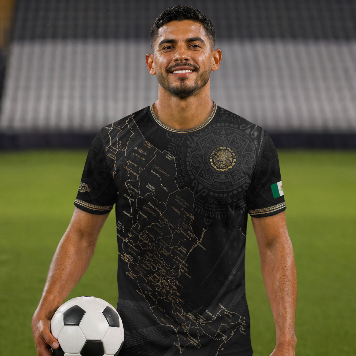 Camiseta de fútbol de México con diseño de mapa patrimonial de piedra solar azteca negra