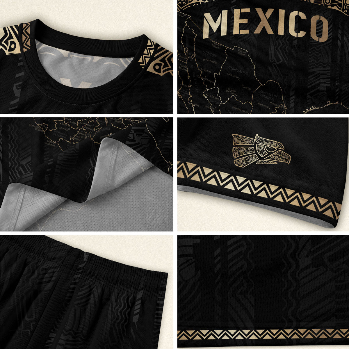 Camiseta de fútbol con el mapa de la herencia de México en negro y detalles aztecas dorados