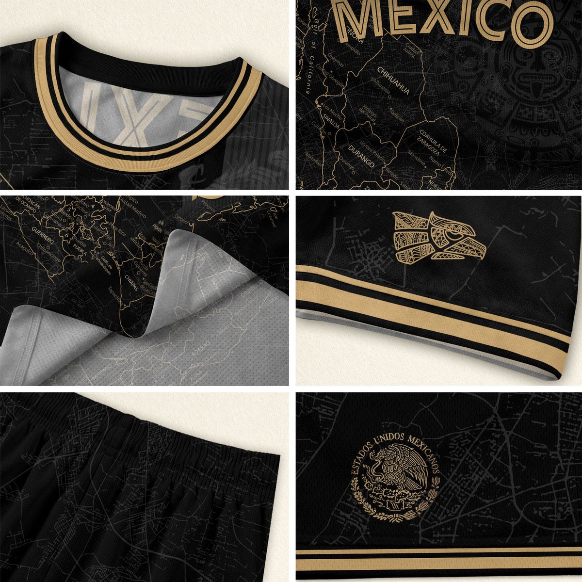 Camiseta de fútbol con el mapa de la herencia de México en negro y detalles aztecas dorados
