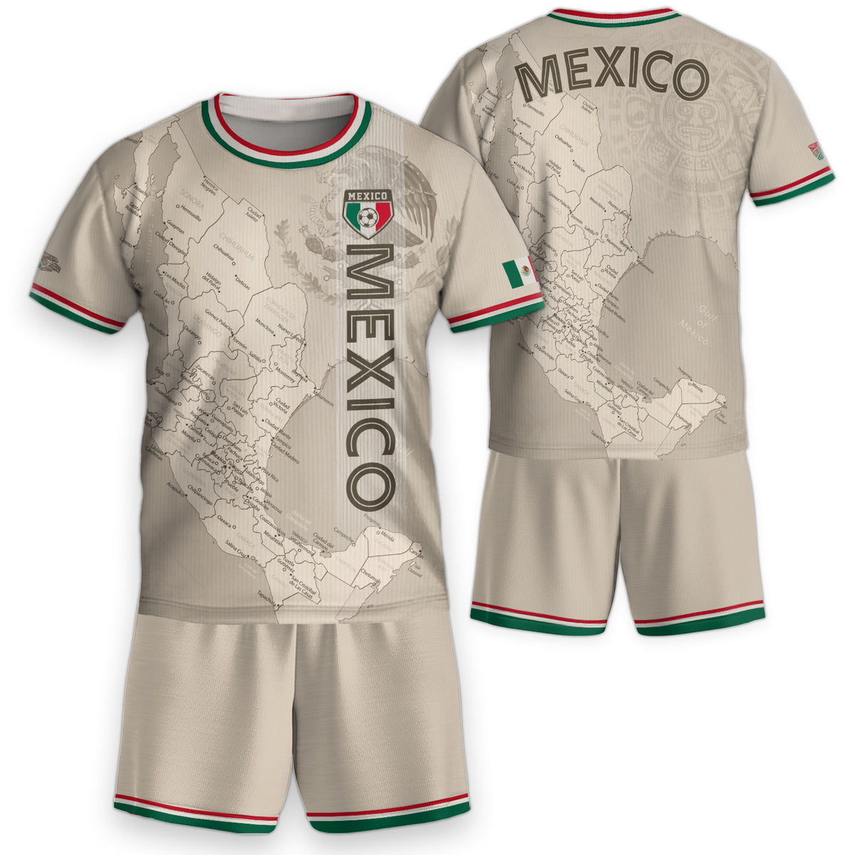 Camiseta de fútbol infantil de México con diseño azteca y mapa beige