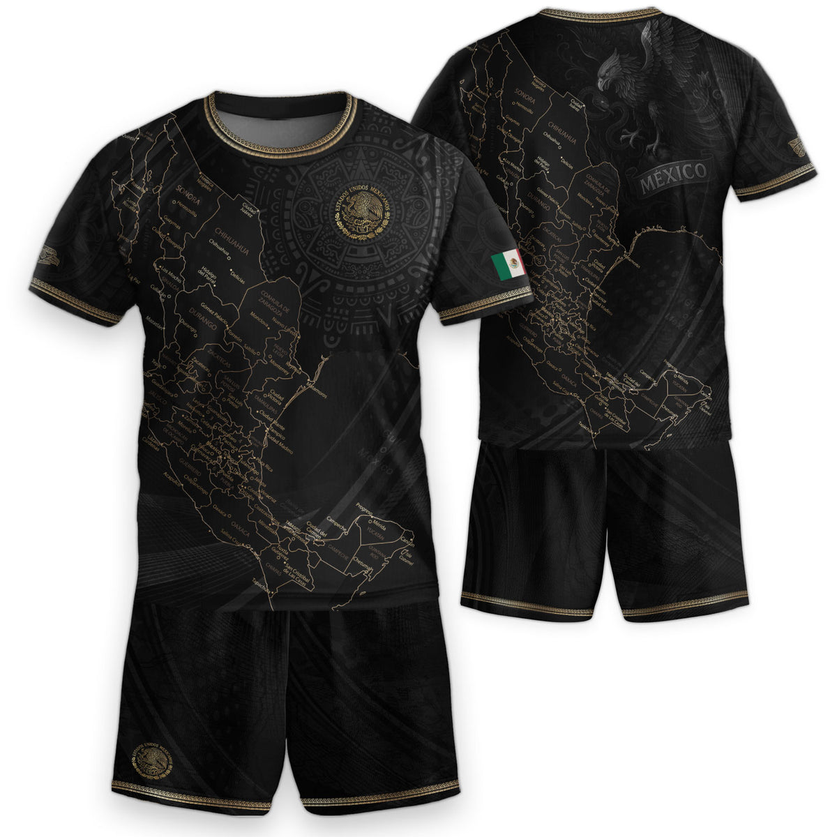 Mexico Kids Soccer Jersey Black Gold Map Aztec Pattern