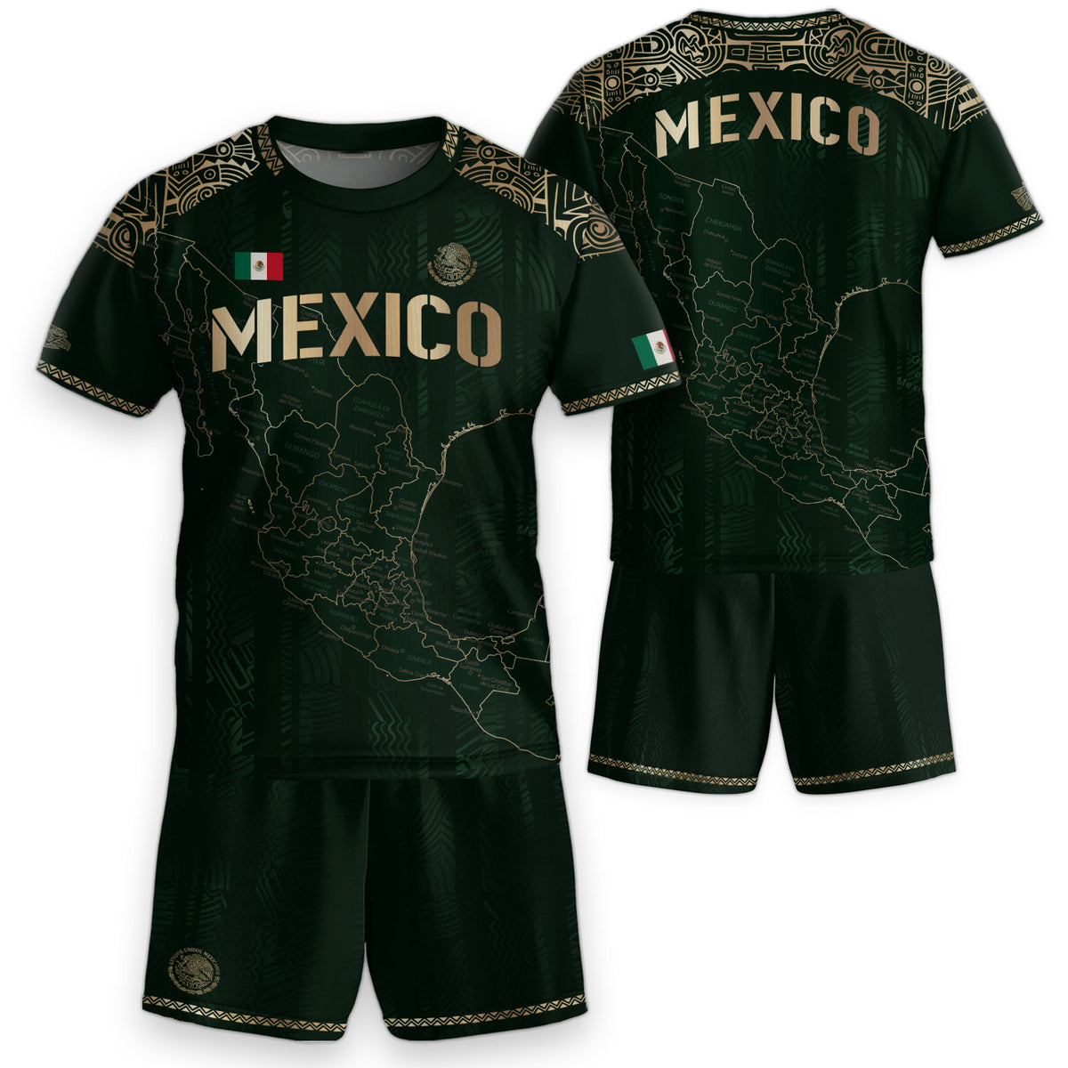 Camiseta de fútbol infantil de México con diseño azteca, color verde y dorado