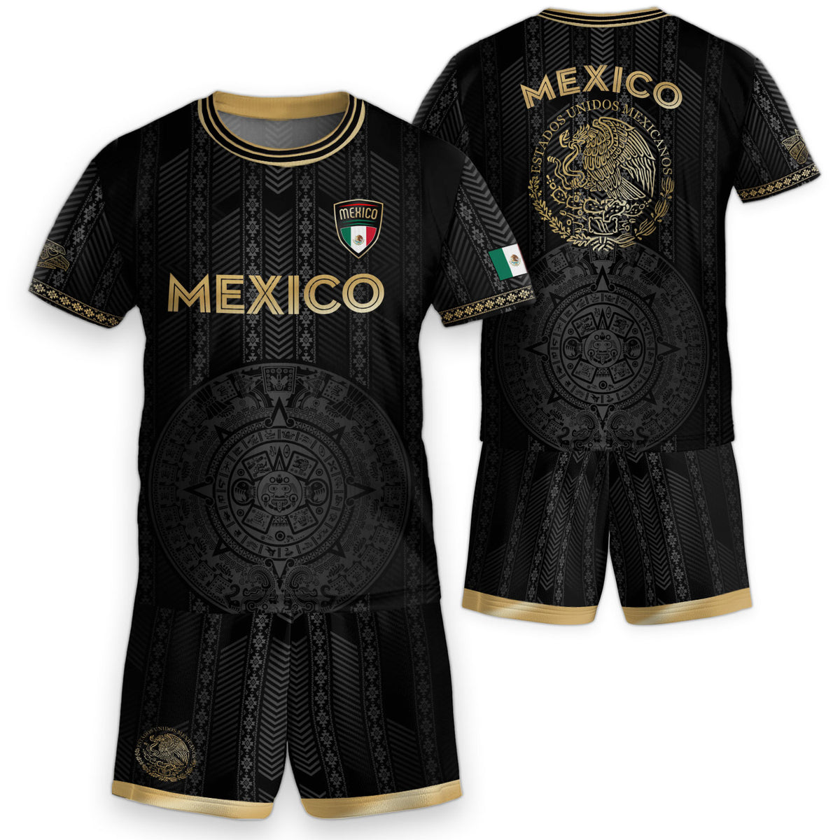 Camiseta de fútbol infantil de México, diseño de calendario azteca, color negro y dorado