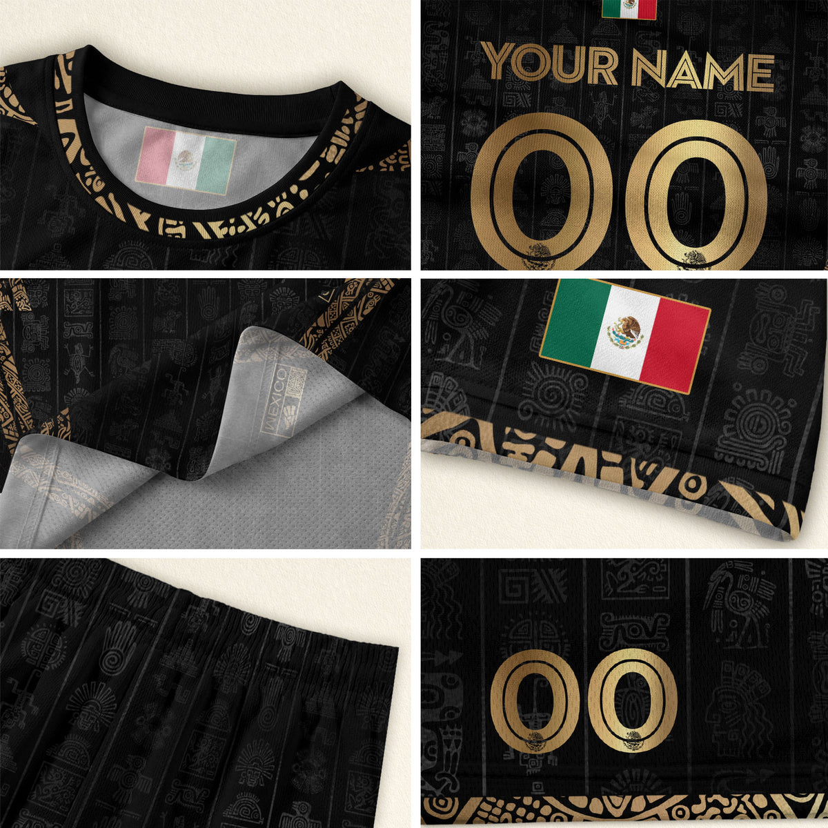 Camiseta de fútbol personalizada de México en negro y dorado con diseño de águila azteca