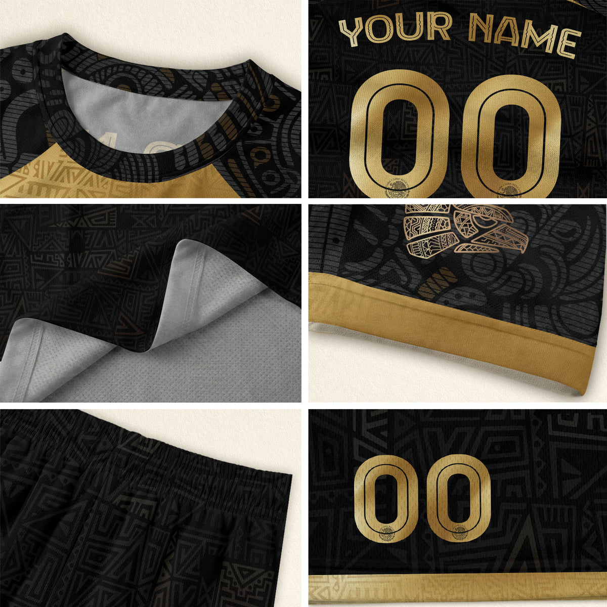 Custom Mexico Black Gold Soccer Jersey with Aztec Warrior Pattern