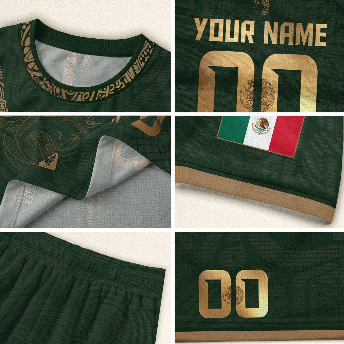 Camiseta de fútbol verde y dorado personalizada de México con diseño de águila y serpiente azteca