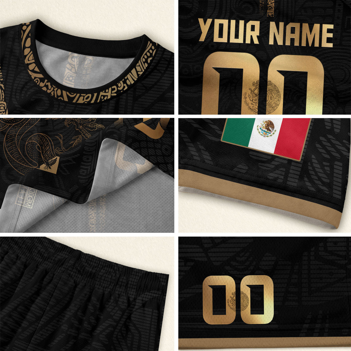 Custom Mexico Black Gold Soccer Jersey with Aztec Eagle Serpent Design
