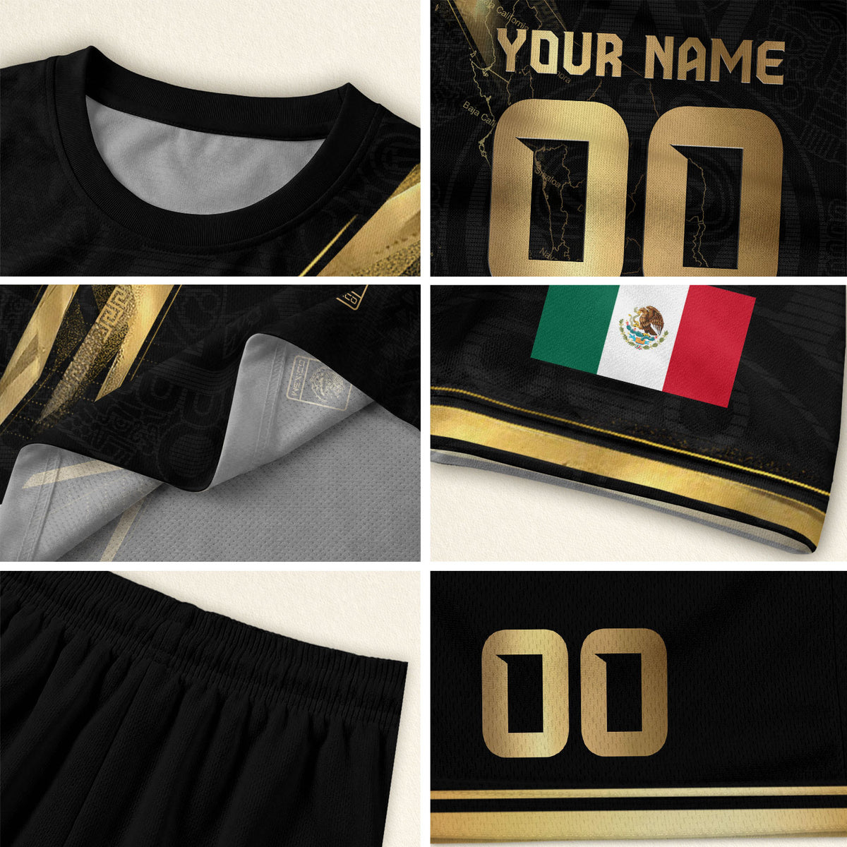 Camiseta de fútbol personalizada de México en negro y dorado con diseño de rayas del mapa de la herencia