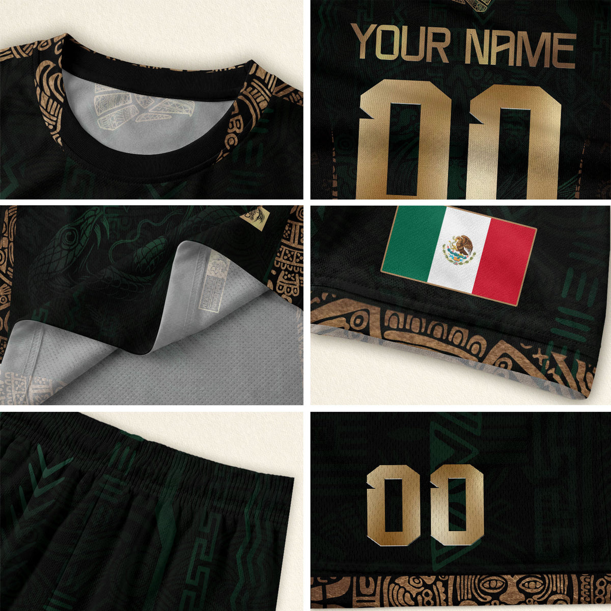Camiseta de fútbol personalizada de México, color verde y dorado, con diseño de águila azteca.