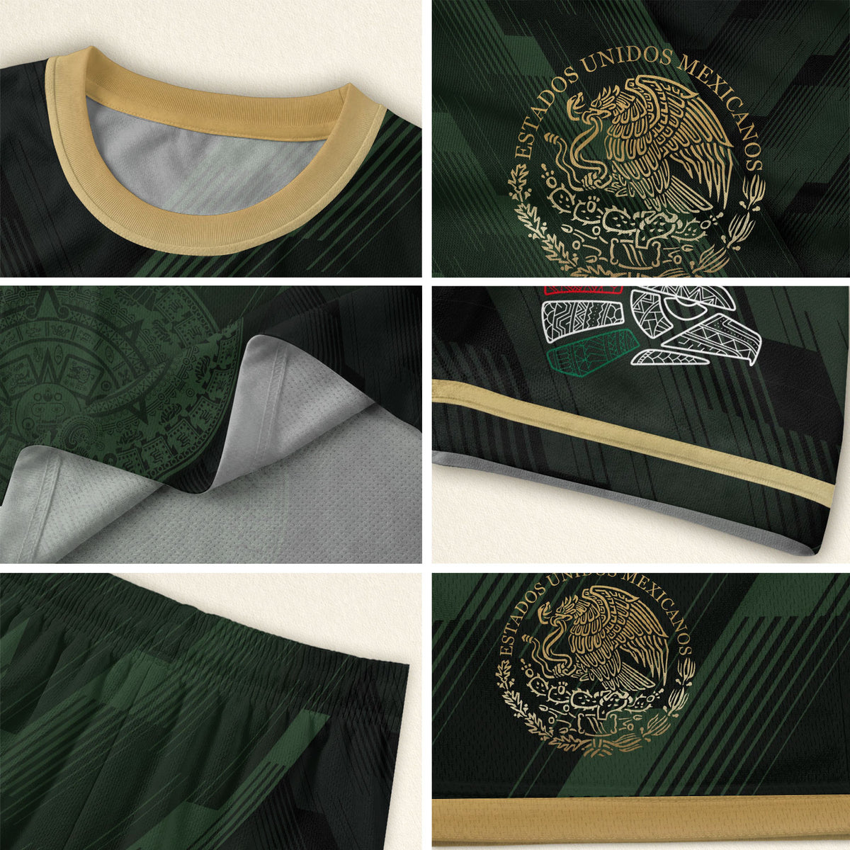 Camiseta de fútbol verde de México con diseño de piedra solar azteca dorada