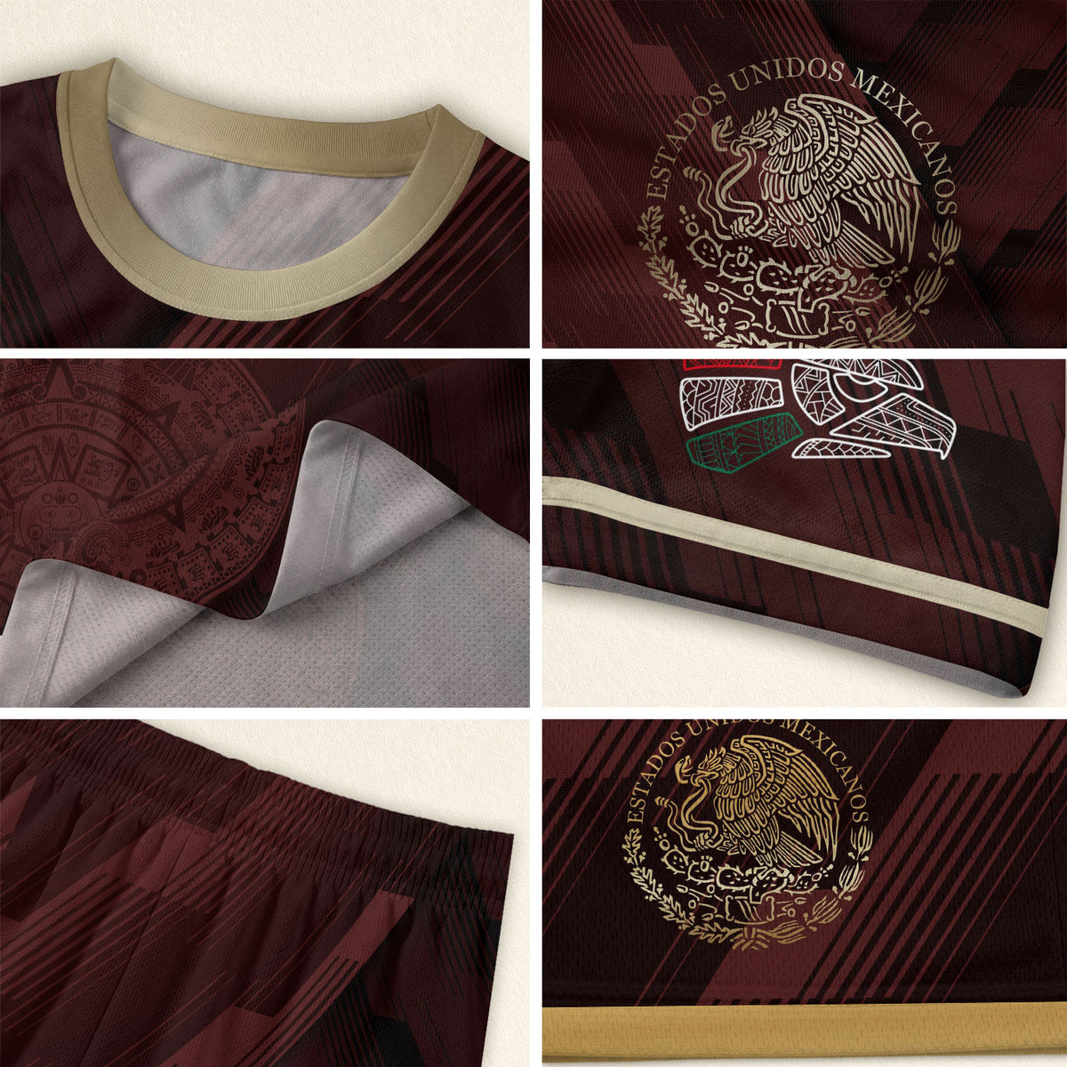Camiseta de fútbol de México color burdeos con piedra solar azteca dorada y escudo del águila