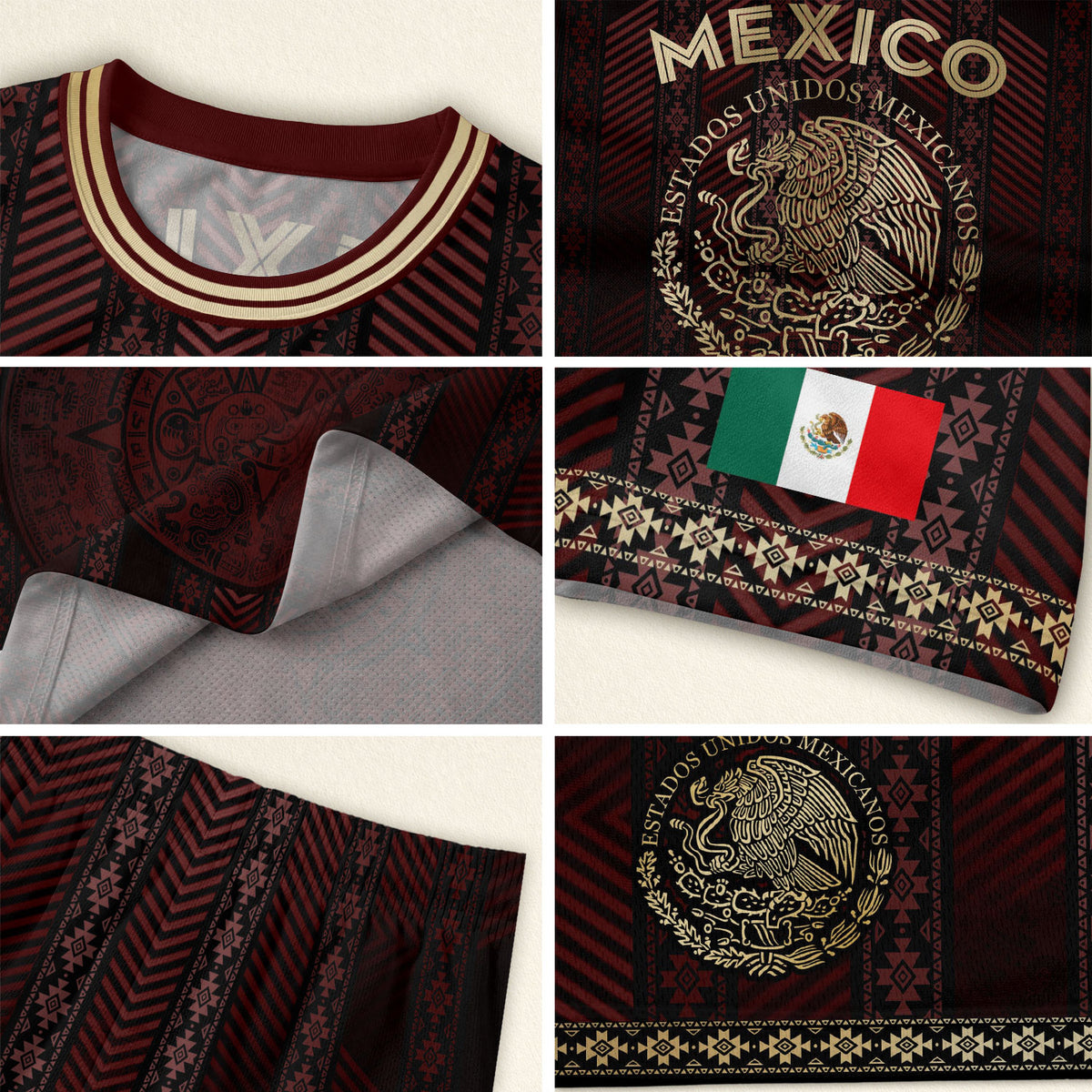 Camiseta de fútbol de México color burdeos con calendario azteca dorado y escudo del águila