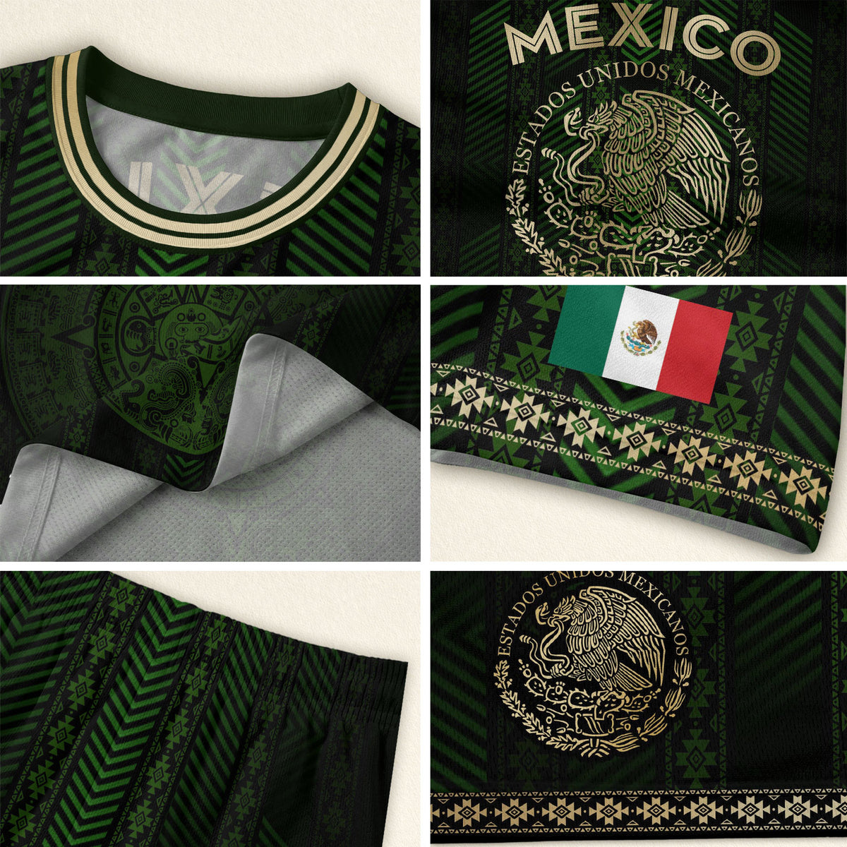 Camiseta de fútbol verde de México con calendario azteca dorado y escudo del águila