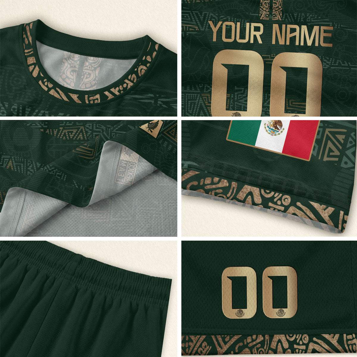 Custom Mexico Green Gold Aztec Pattern Soccer Jersey