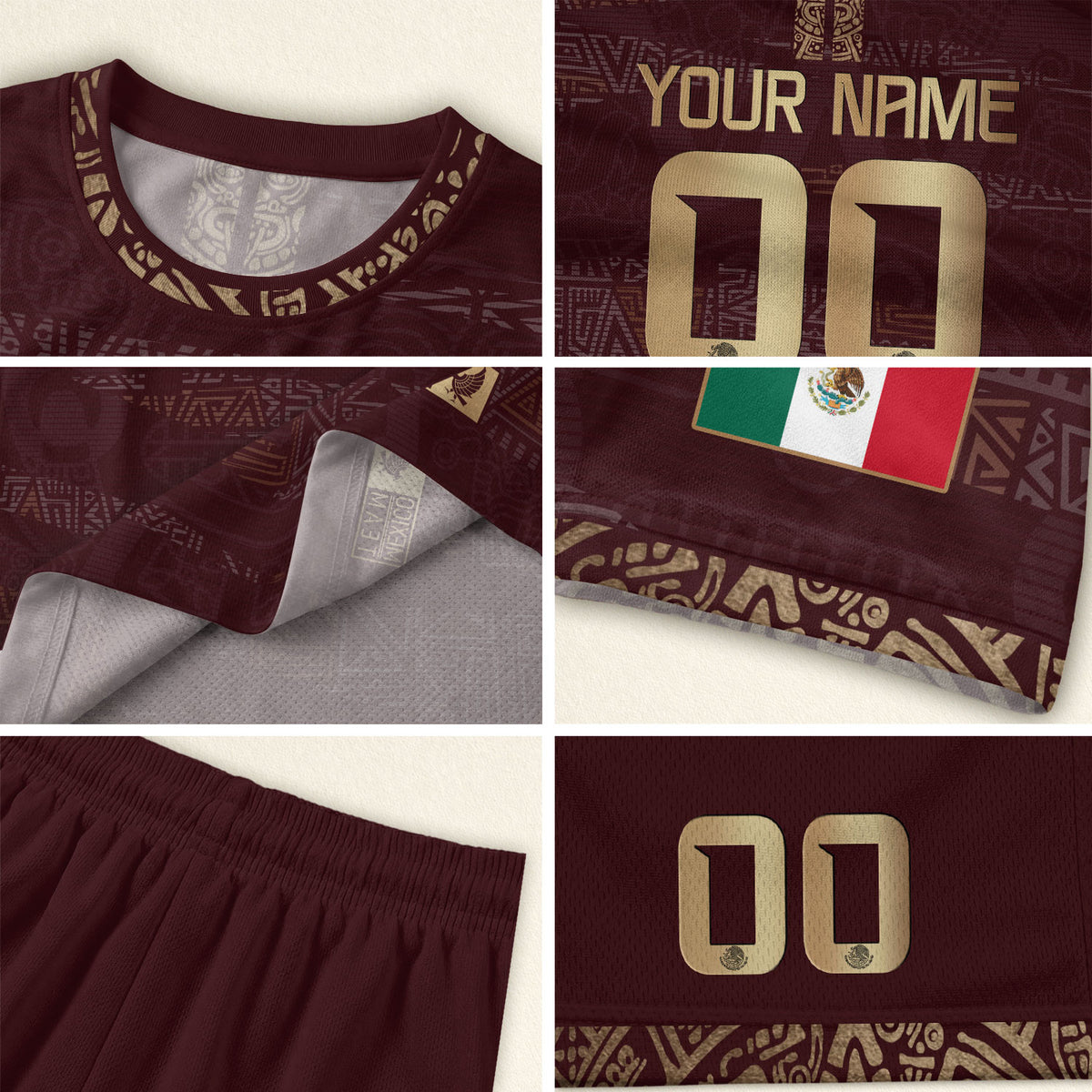 Camiseta de fútbol personalizada de México con herencia azteca, color granate y dorado