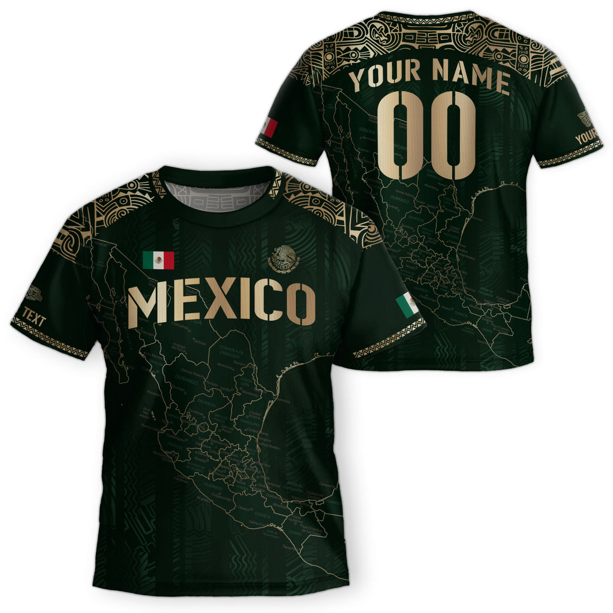 Camiseta de fútbol personalizada de México para niños, diseño de mapa patrimonial verde y dorado