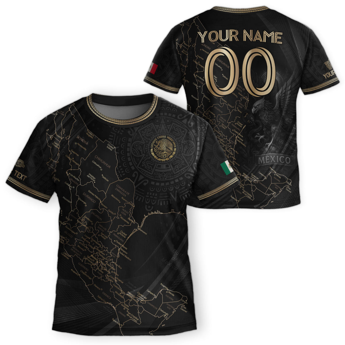 Camiseta de fútbol personalizada de México para niños, diseño de mapa patrimonial en negro y dorado
