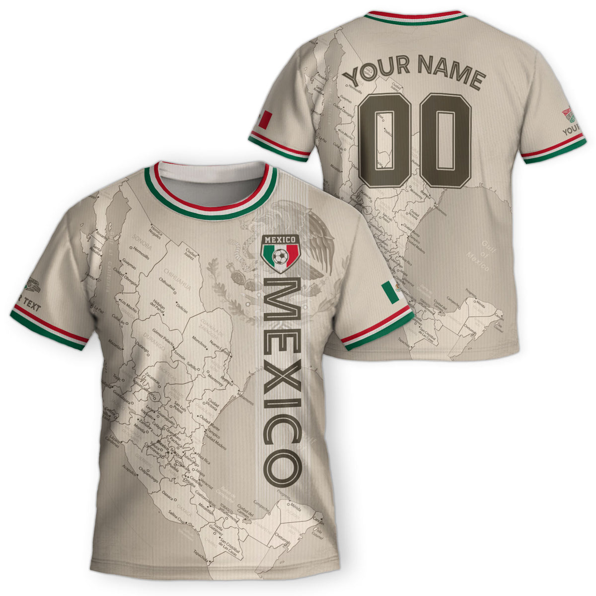 Camiseta de fútbol infantil de México personalizada con diseño de mapa patrimonial beige
