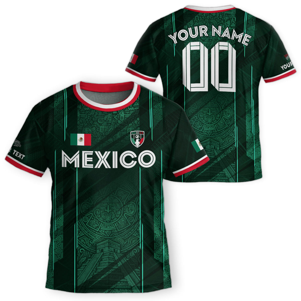 Camiseta de fútbol de México para niños personalizada, diseño de calendario azteca verde