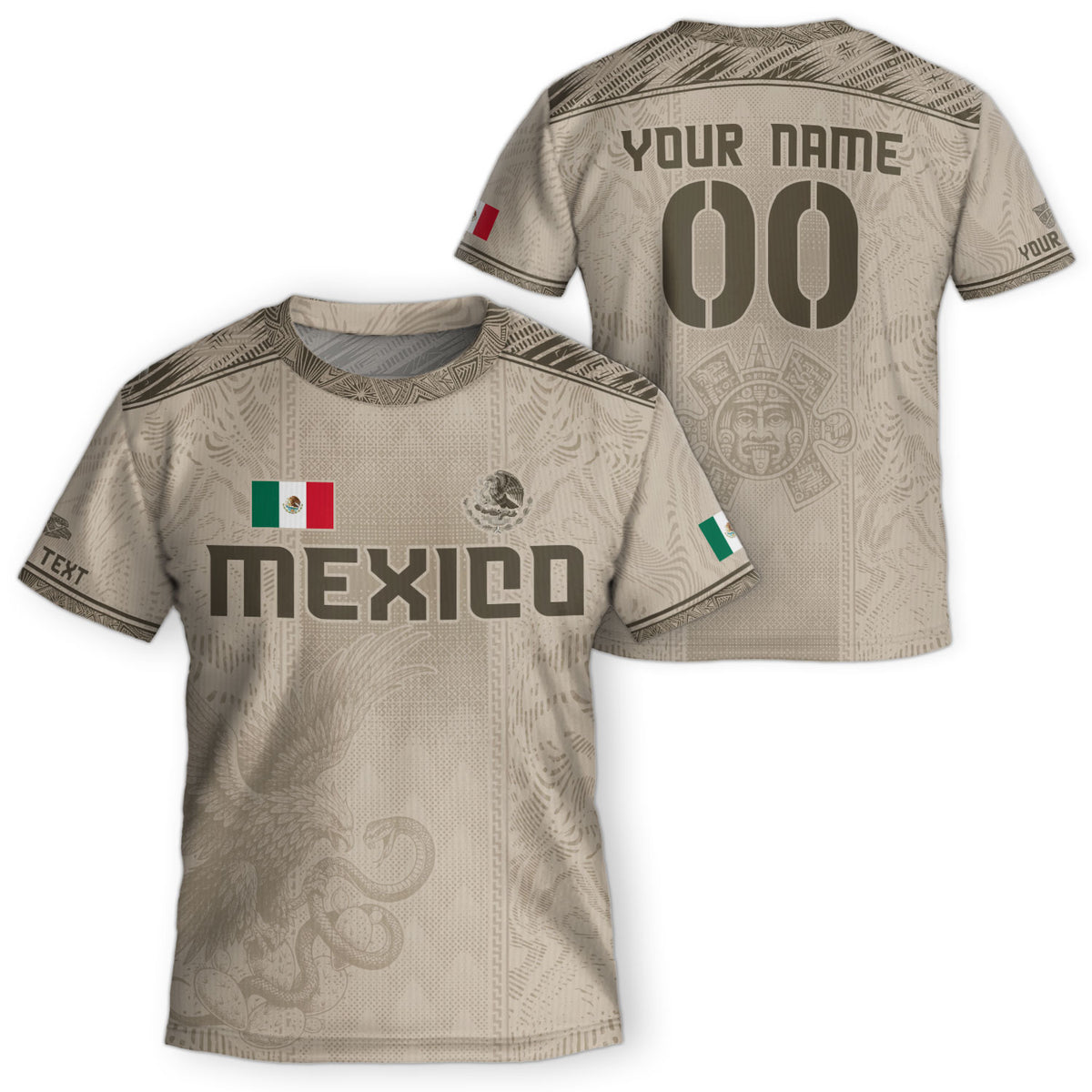 Camiseta de fútbol de México para niños personalizada con diseño de águila azteca beige