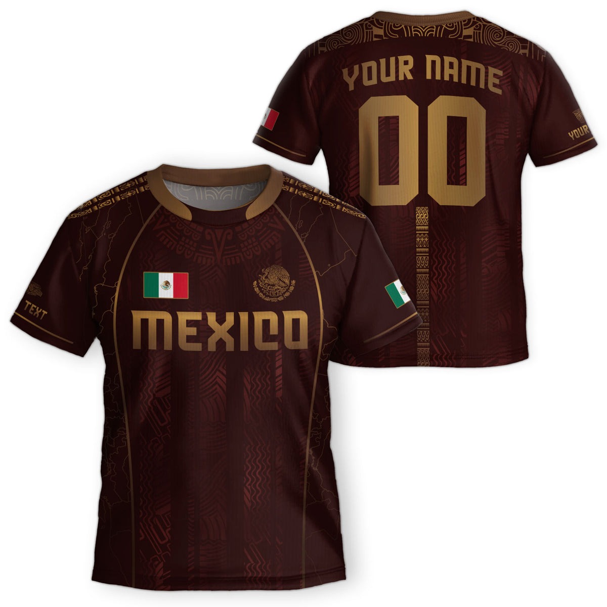 Camiseta de fútbol de México para niños personalizada, diseño de herencia azteca granate