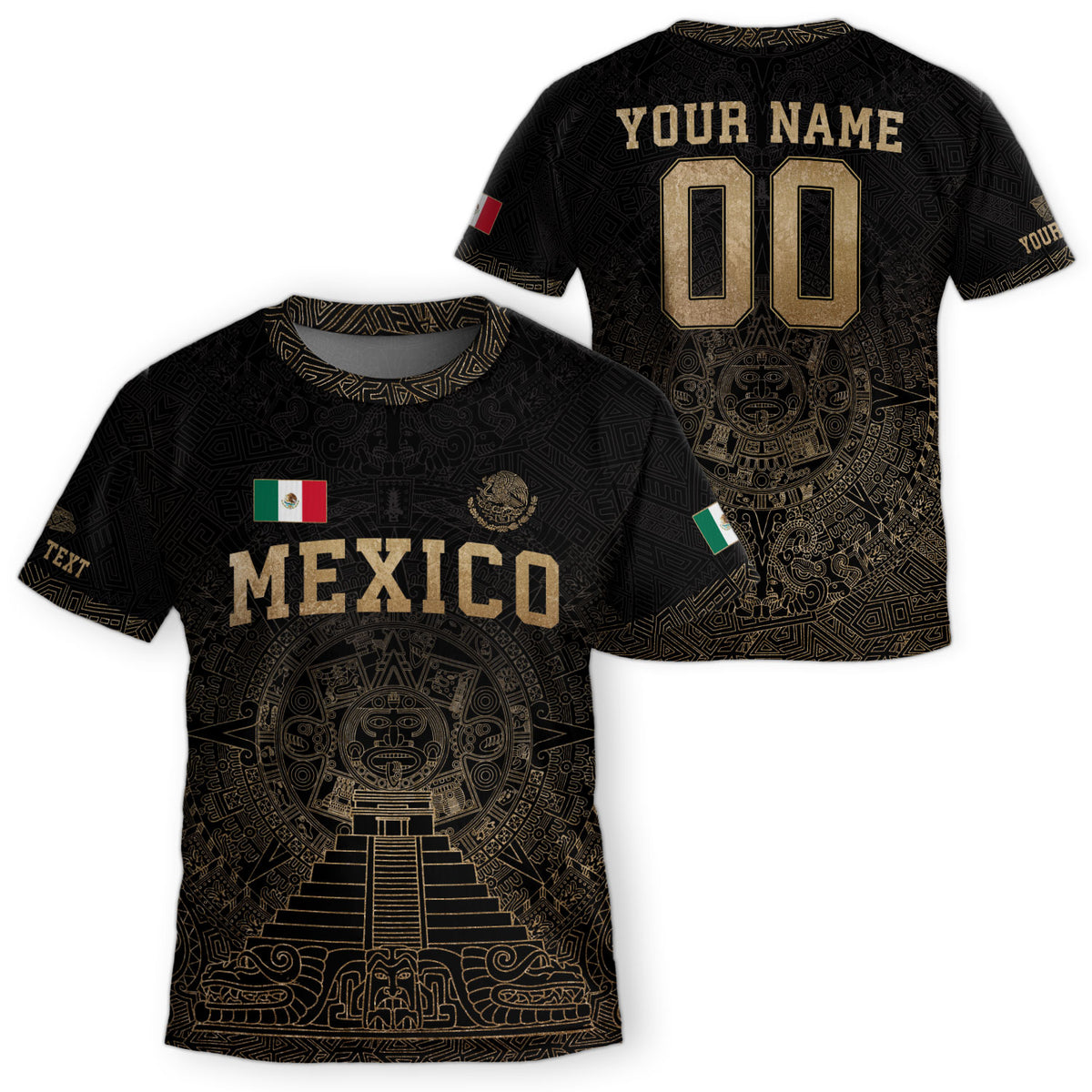 Camiseta de fútbol de México para niños personalizada, diseño de templo azteca negro y dorado