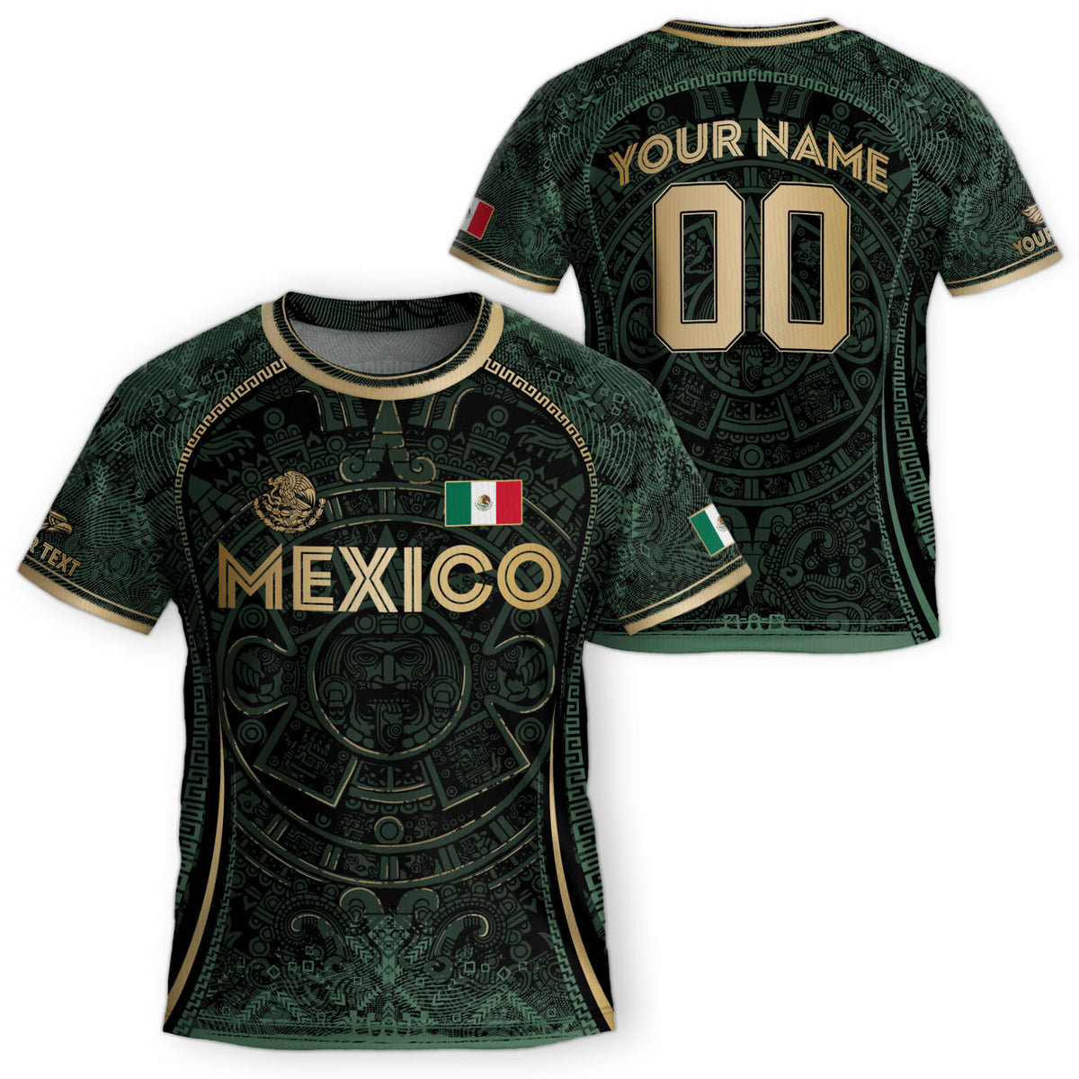 Camiseta de fútbol de México para niños personalizada, diseño de calendario azteca, verde oscuro y dorado