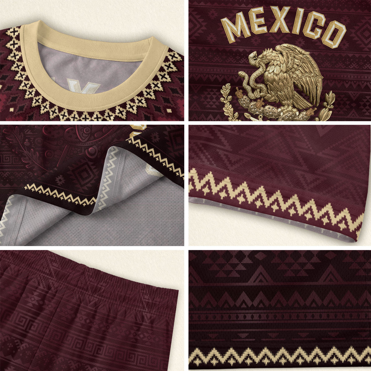 Mexico Heritage Soccer Jersey, Maroon Burgundy Gold Aztec Eagle Design Sports Jersey for Men
